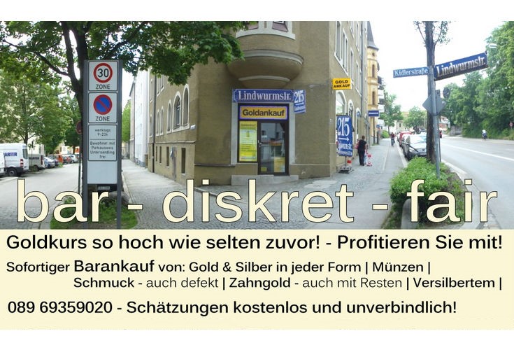 Goldankauf München: Die Filiale von AuKauf in München, 80337, Linwurmstraße 215 - Wir freuen uns auf ihren Besuch zum Goldverkauf mit sofortiger Bargeldauszahlung direkt in München.